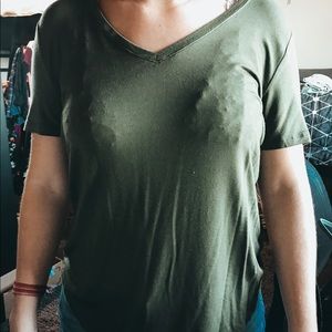 green V-neck tee